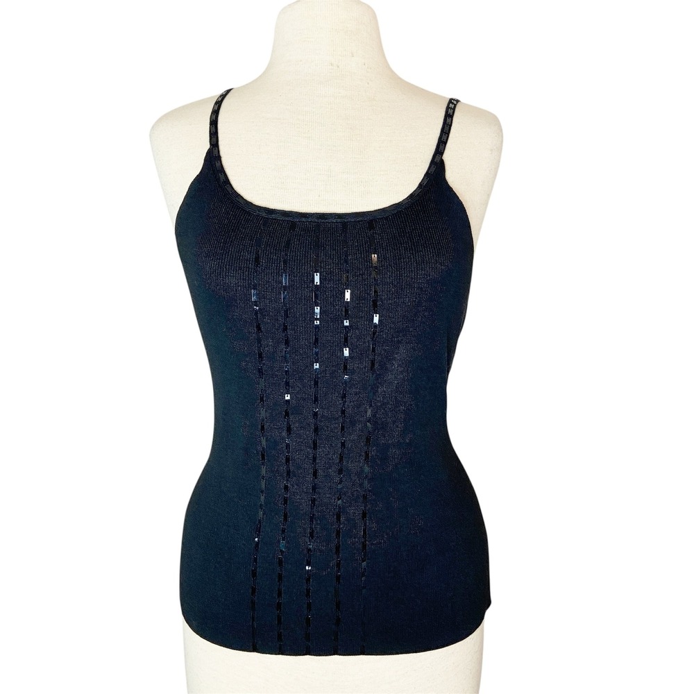 Y2K Alfani Black Knit Silk Tank Top‎ Womens L Sequin Cami Party Glam Club Knit